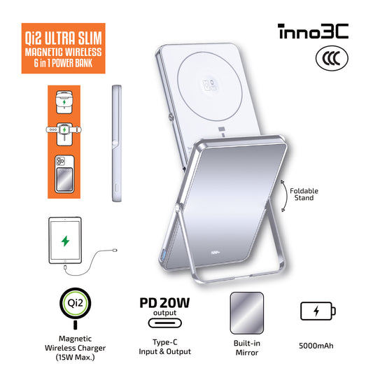 inno3C [ CCC 3C CE ] Qi2 Ultra Slim Magnetic Wireless Power Bank with Stand M0U ( Mirror Surface Effect )