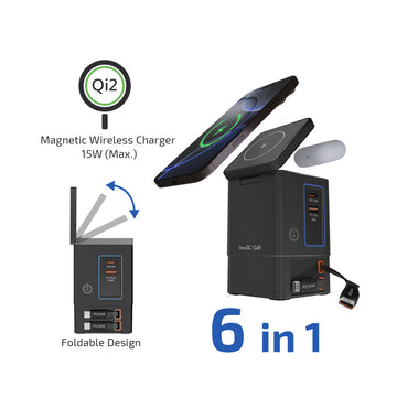 inno3C Qi2 GaN 6in1 Magnetic Wireless Fast Charging Dock Build-in Retractable Cable i-105C2