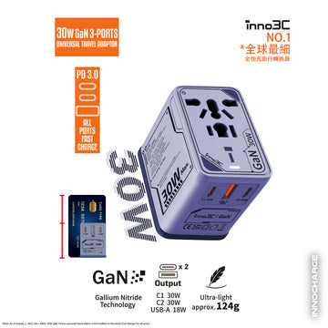 inno3C 30W GaN 3-Ports Universal Travel Adaptor i-30WC