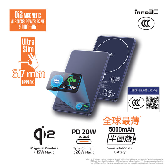 inno3C [ CCC Certified with Traceable QR Code Flight-Safe ] Qi2 Semi-Solid-State Magnetic Wireless Power Bank 5000mAh M16 | Qi2 Wireless 15W Fast Charging Portable Charger | TYPE-C PD3.0 20W Battery Pack | MagSafe Compatible TFT display External Battery