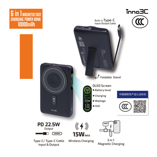 inno3C [ CCC Traceable QR Code｜Certified by CCC CE ] 6 in 1 Wireless Magnetic Fast Charging Power Bank 10000mAh KH-01 ( Gray )｜Built-in Type-C Cable｜15W Wireless Portable Charger｜PD3.0 22.5W Wired Powerbank w/ Foldable Stand OLED Display