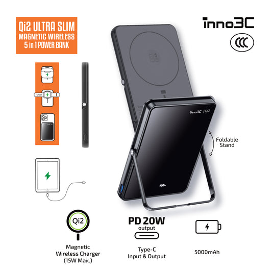 inno3C [ CCC 3C CE ] Qi2 Ultra Slim Magnetic Wireless Power Bank with Stand M0U ( Black )